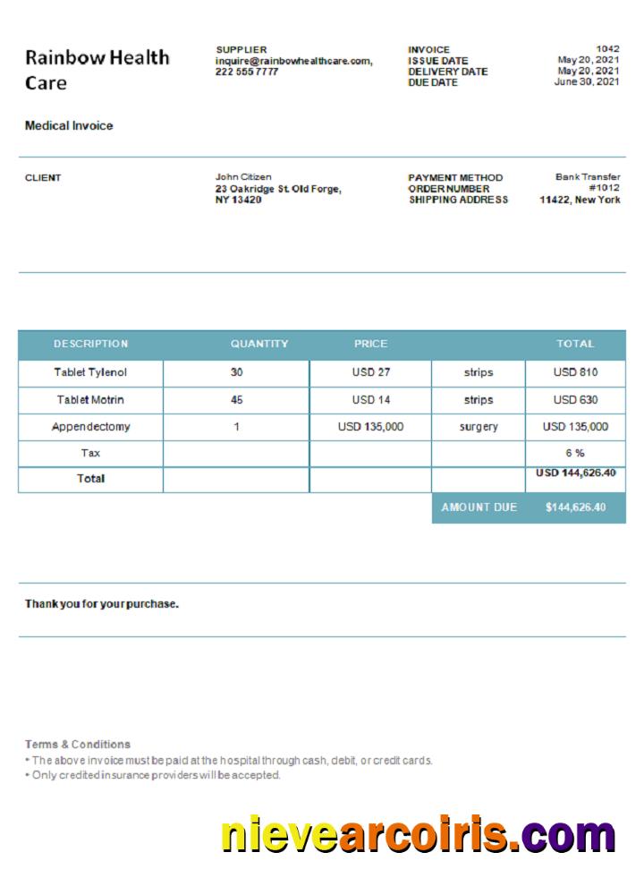 USA Rainbow Health Care invoice